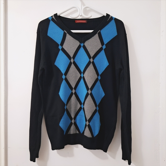 Black and Blue Argyle Sweater - Medium - Picture 4 of 7